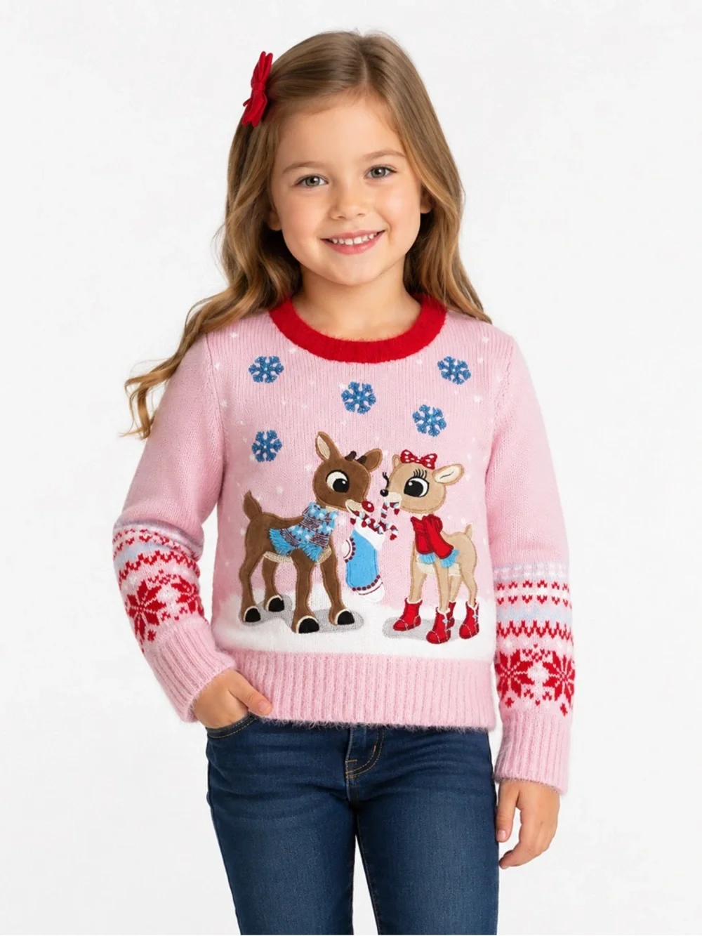 New - Rudolph the Red Nose Reindeer Girls Christmas Sweater in Pink | Size M (5)